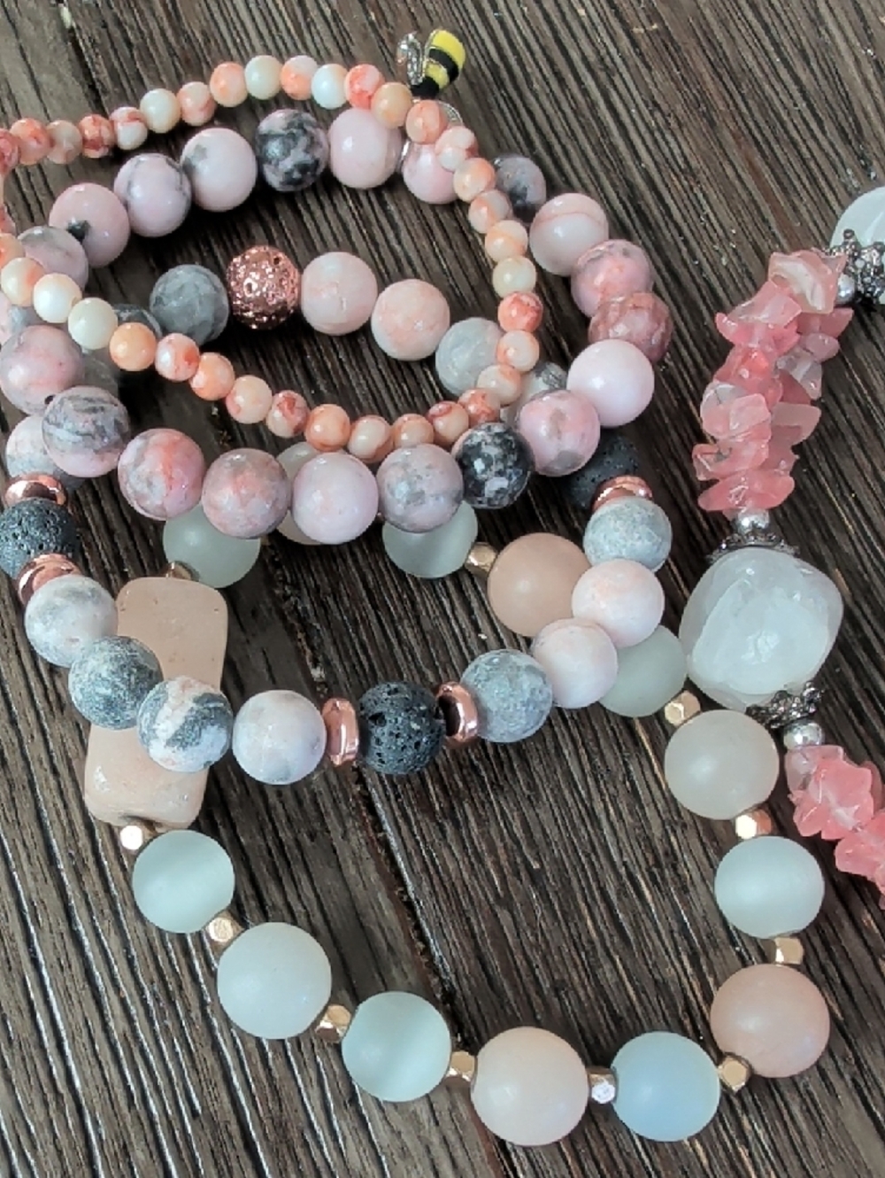 Stacked Pink Stone Beaded Stretch Bracelets - Picture 4 of 4